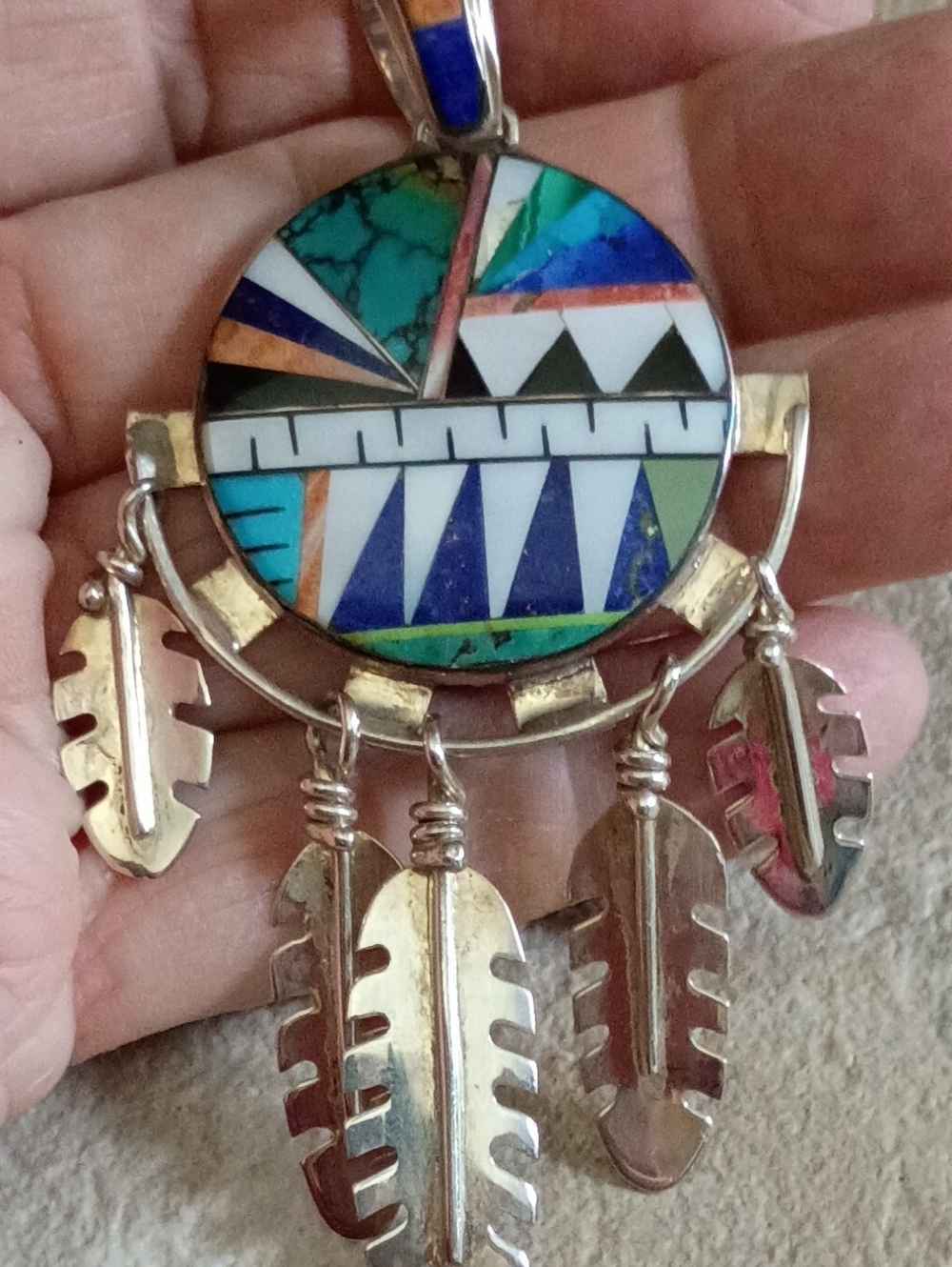 Multicolor Mary Toledo Zuni Inlay Silver Feather Pendant Necklace